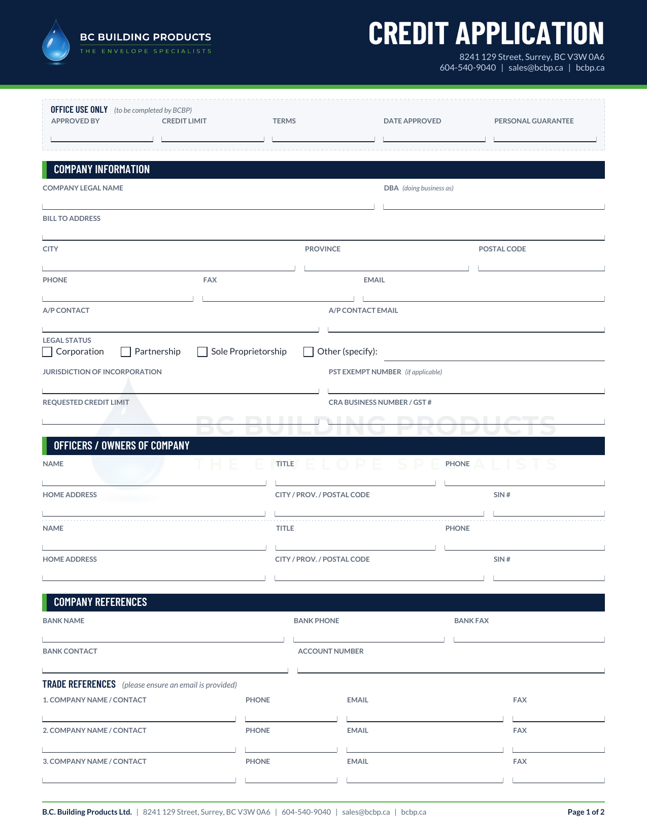 Preview of the BC Building Products credit application, page 1